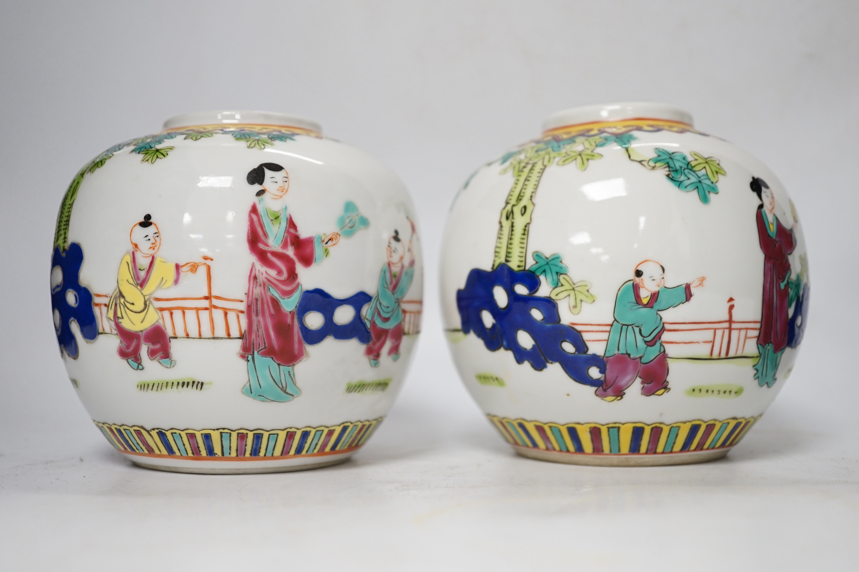 A Chinese blue and white ginger jar, a green two-handled double gourd vase, a pair of vases, and another, tallest 15cm